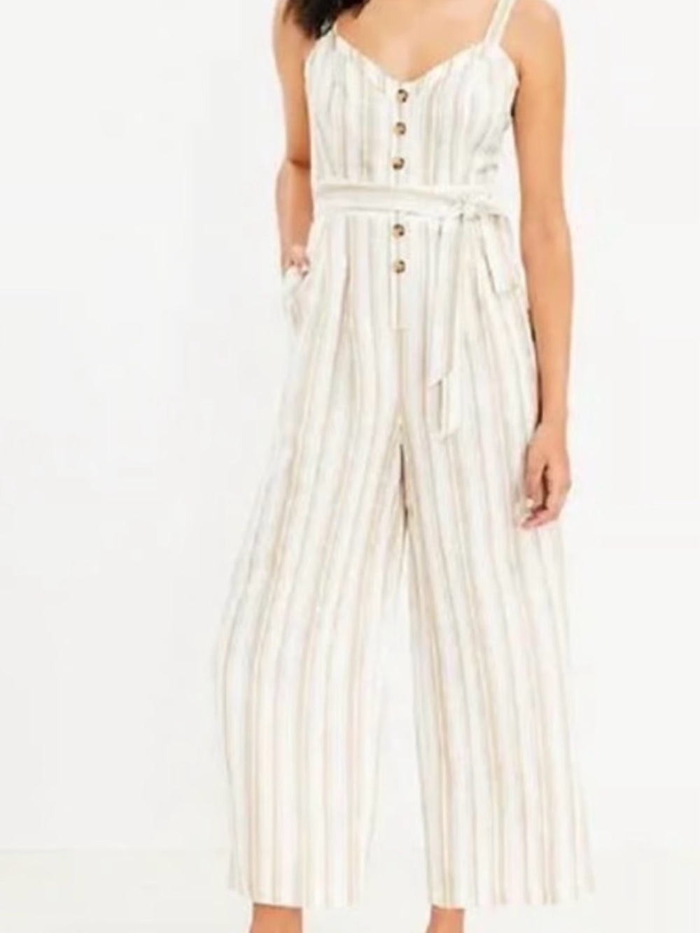 LOFT Linen Blend Beige Striped Tie Waist Button Jumpsuit 0